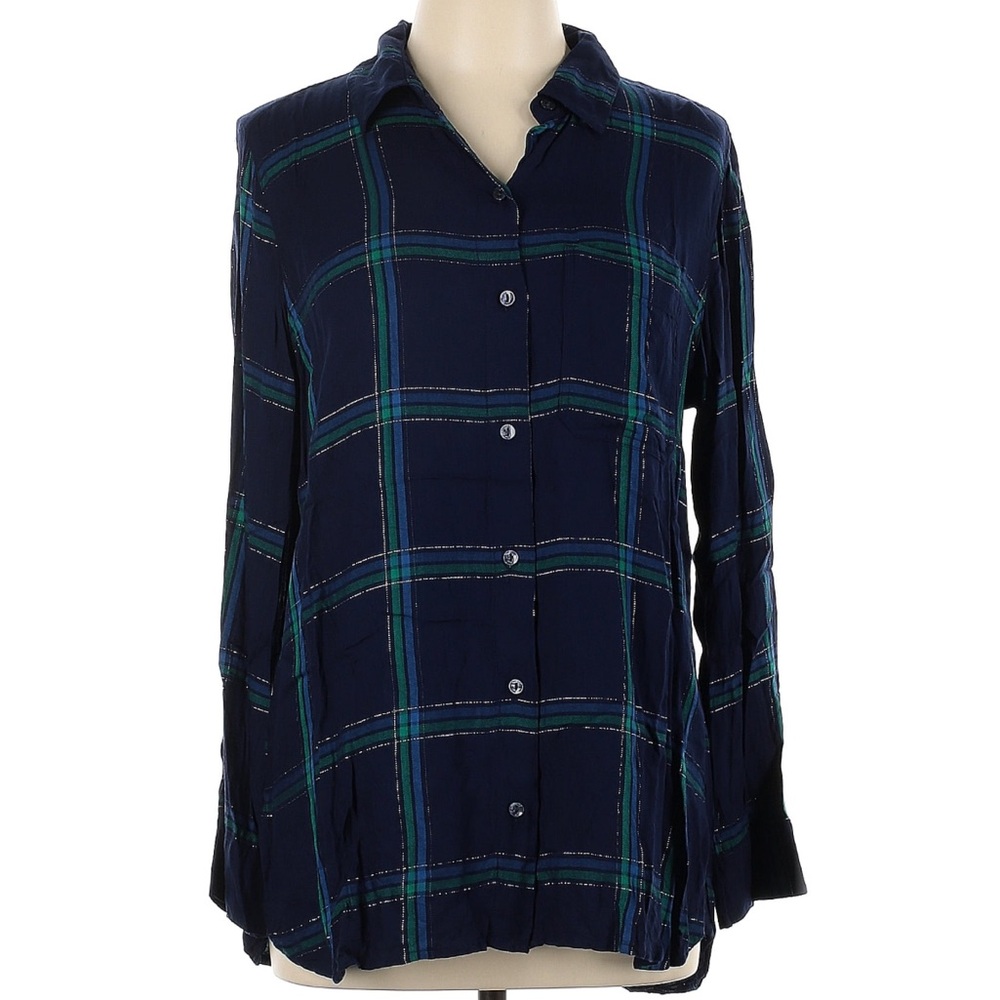 Plaid Button-Up Shirt in dark blue & Green w/ metallic silver accent threads